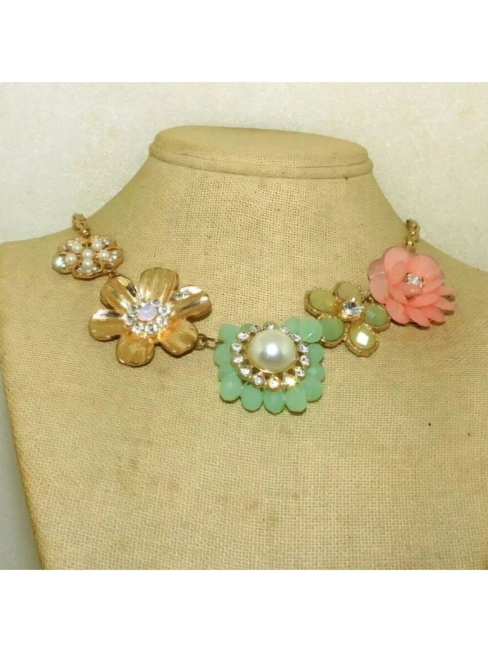 WHITE RHINESTONE RMN 22" DAUX PEARL CABOCHON FLOWERS LINK STATEMENT NECKLACE